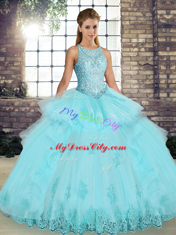 Graceful Aqua Blue Tulle Lace Up Scoop Sleeveless Floor Length Sweet 16 Dresses Lace and Embroidery and Ruffles