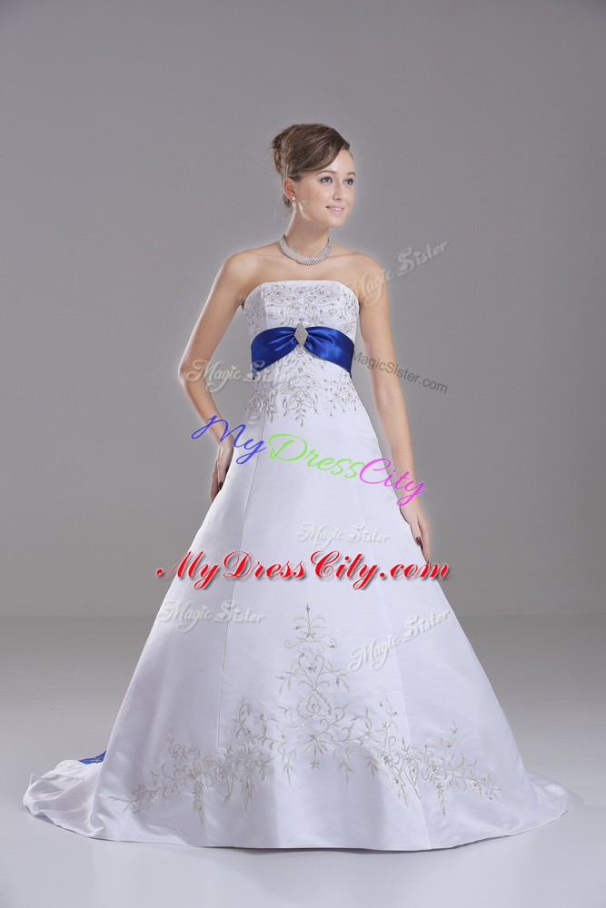 Spectacular White Sleeveless Satin Brush Train Lace Up Wedding Dresses for Wedding Party