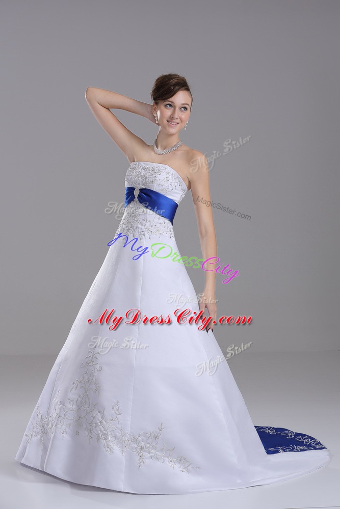 Spectacular White Sleeveless Satin Brush Train Lace Up Wedding Dresses for Wedding Party