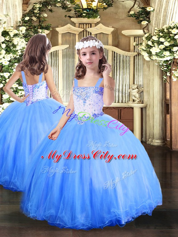 Ball Gowns Custom Made Pageant Dress Baby Blue Straps Tulle Sleeveless Floor Length Lace Up