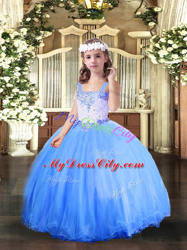 Ball Gowns Custom Made Pageant Dress Baby Blue Straps Tulle Sleeveless Floor Length Lace Up