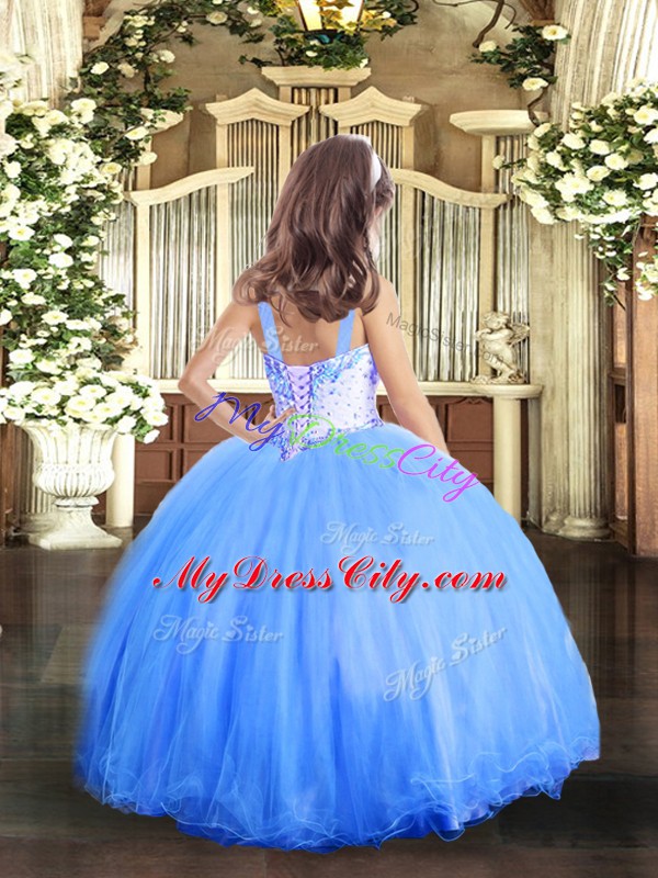 Ball Gowns Custom Made Pageant Dress Baby Blue Straps Tulle Sleeveless Floor Length Lace Up