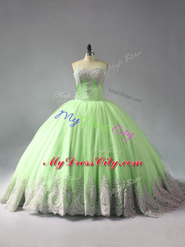 Comfortable Yellow Green Lace Up Sweetheart Beading and Appliques Quince Ball Gowns Tulle Sleeveless Court Train