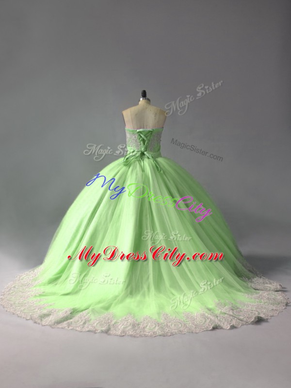 Comfortable Yellow Green Lace Up Sweetheart Beading and Appliques Quince Ball Gowns Tulle Sleeveless Court Train