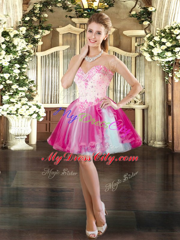 Fuchsia Sleeveless Mini Length Beading Lace Up Dress for Prom