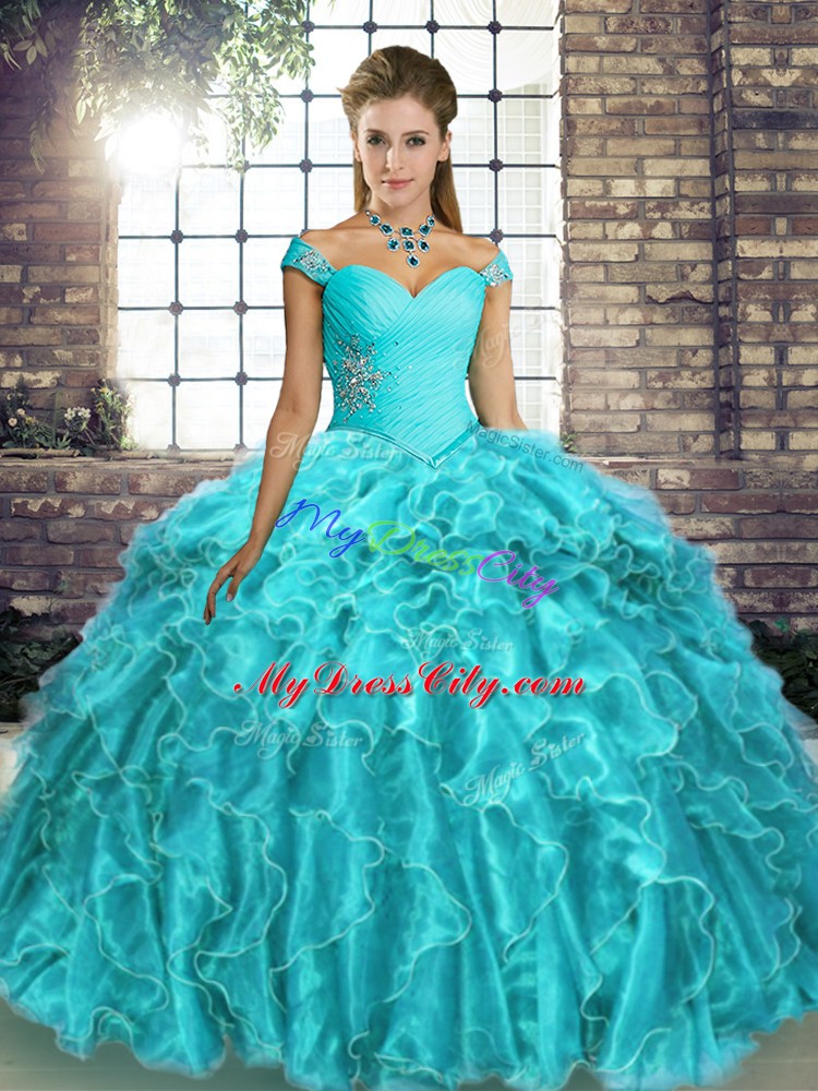 Glittering Brush Train Ball Gowns Quinceanera Gowns Aqua Blue Off The Shoulder Organza Sleeveless Lace Up