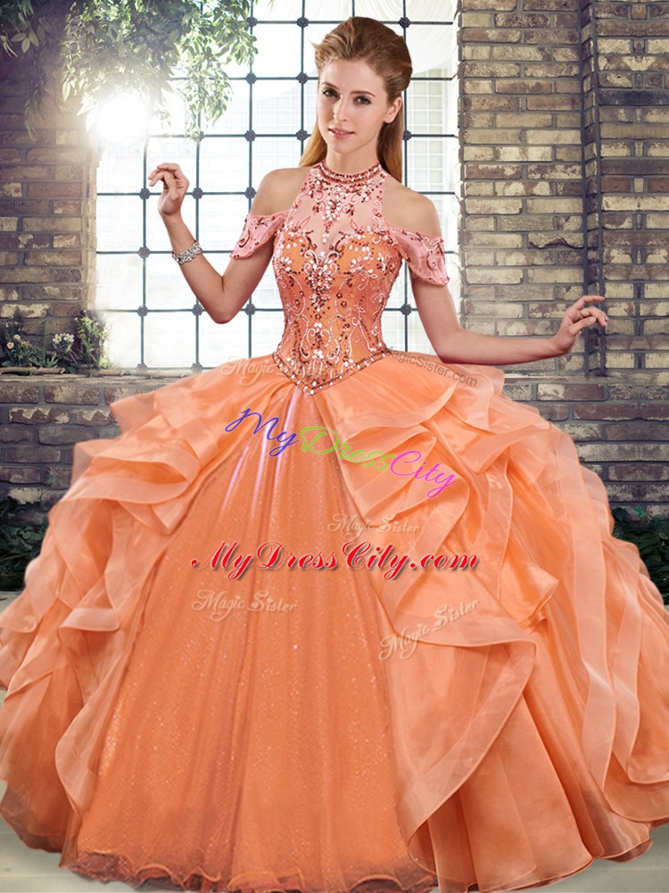 High End Floor Length Orange Vestidos de Quinceanera Halter Top Sleeveless Lace Up