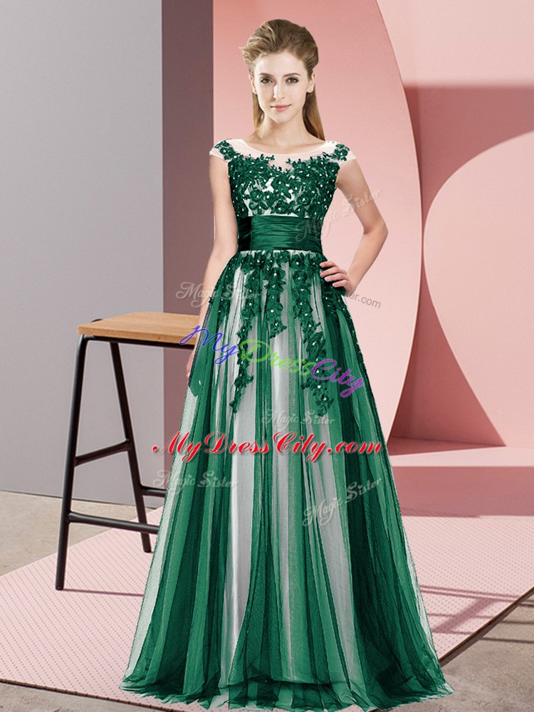 Enchanting Dark Green Empire Beading and Lace Bridesmaid Gown Zipper Tulle Sleeveless Floor Length