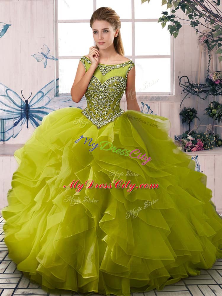 Olive Green Organza Zipper Quince Ball Gowns Sleeveless Floor Length Beading and Ruffles