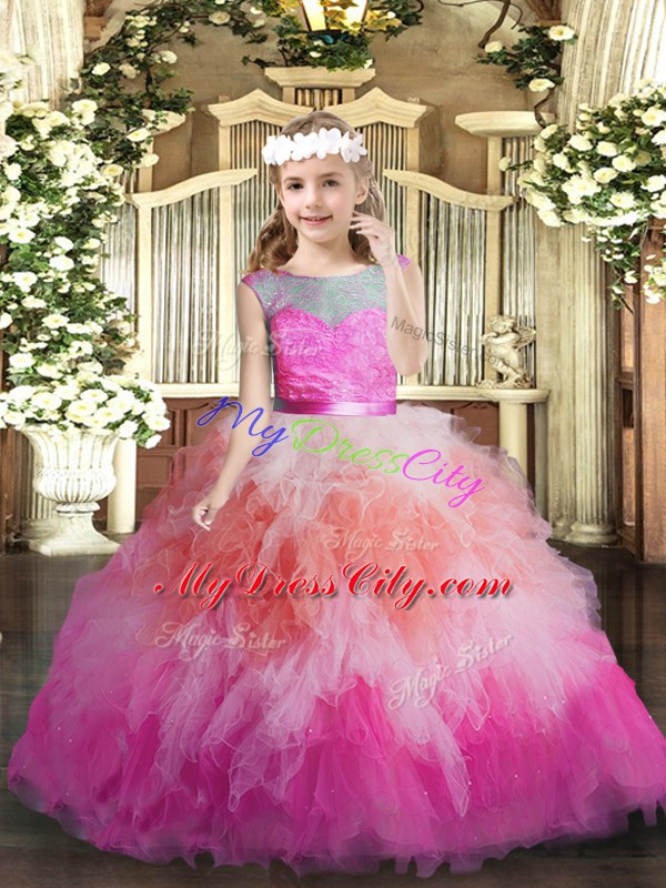 Floor Length Backless Little Girls Pageant Dress Multi-color for Party and Sweet 16 and Wedding Party with Lace and Ruffles