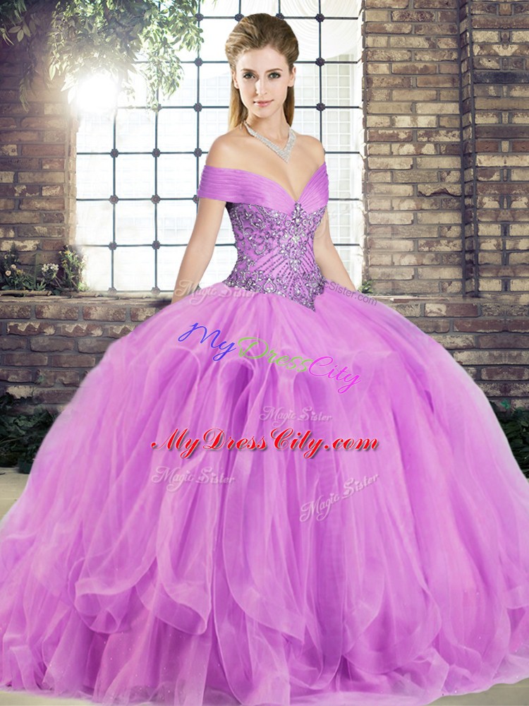 Fantastic Lilac Tulle Lace Up 15 Quinceanera Dress Sleeveless Floor Length Beading and Ruffles