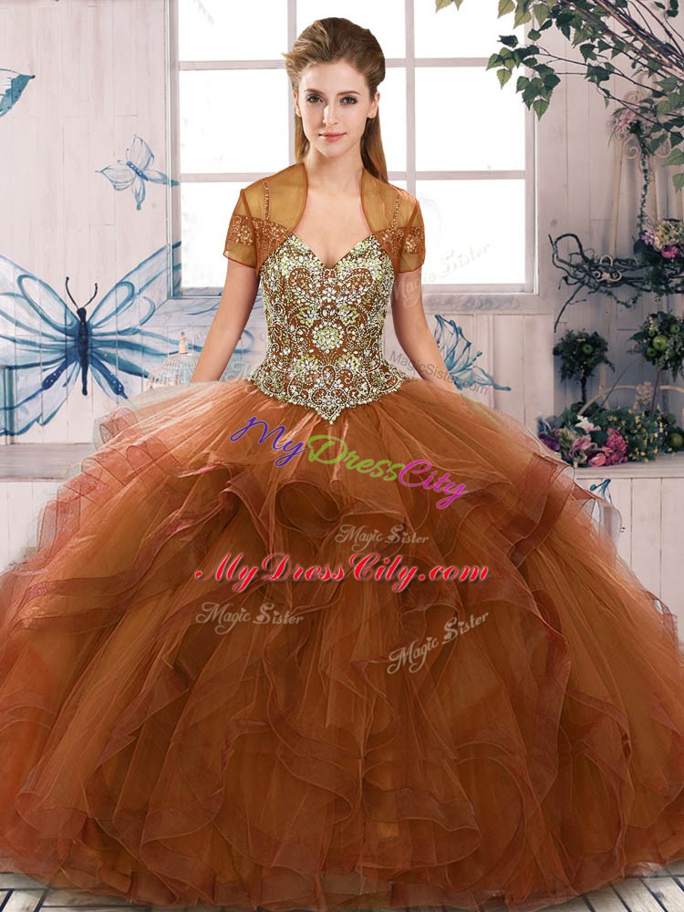 Brown Off The Shoulder Lace Up Beading and Ruffles Quinceanera Dresses Sleeveless