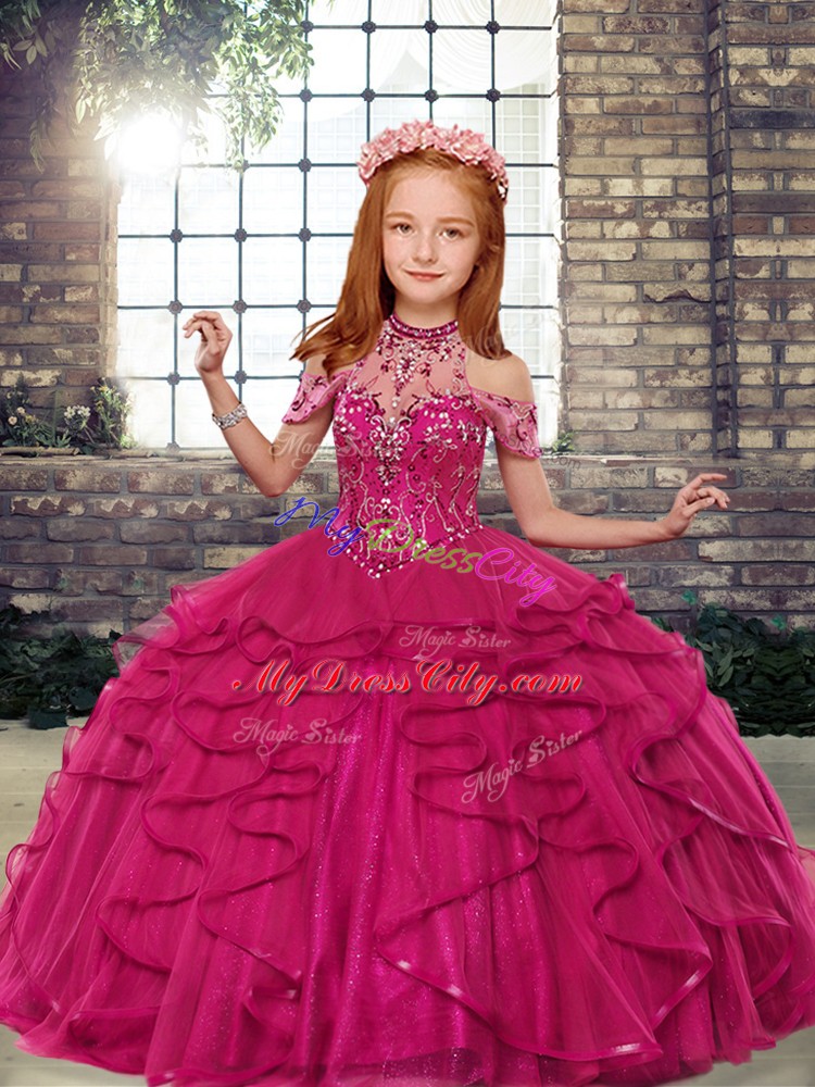 Excellent Beading and Ruffles Little Girls Pageant Gowns Fuchsia Lace Up Sleeveless Floor Length