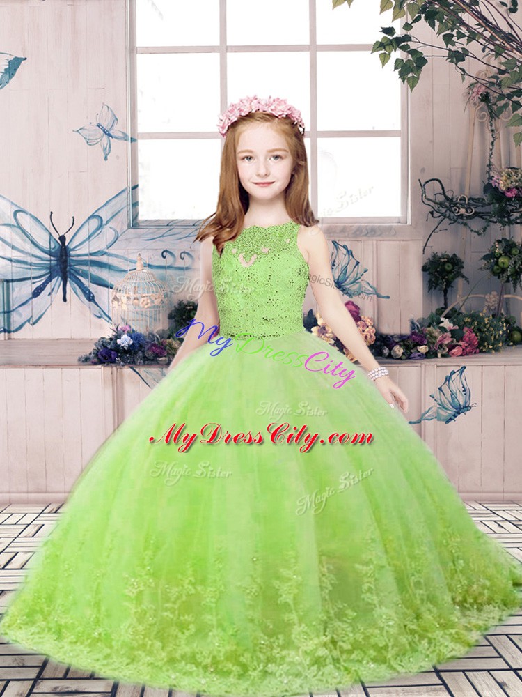 Custom Designed Yellow Green Ball Gowns Scoop Sleeveless Tulle Floor Length Backless Lace and Appliques Little Girl Pageant Gowns