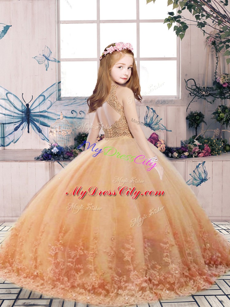 Custom Designed Yellow Green Ball Gowns Scoop Sleeveless Tulle Floor Length Backless Lace and Appliques Little Girl Pageant Gowns