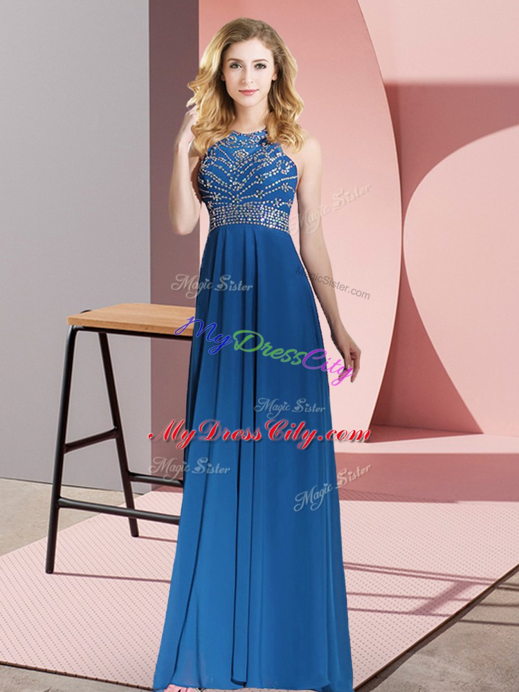 Trendy Royal Blue Backless Evening Gowns Beading Sleeveless Floor Length