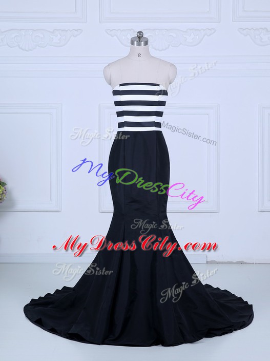 Glorious Mermaid Sleeveless White And Black Dress for Prom Brush Train Lace Up