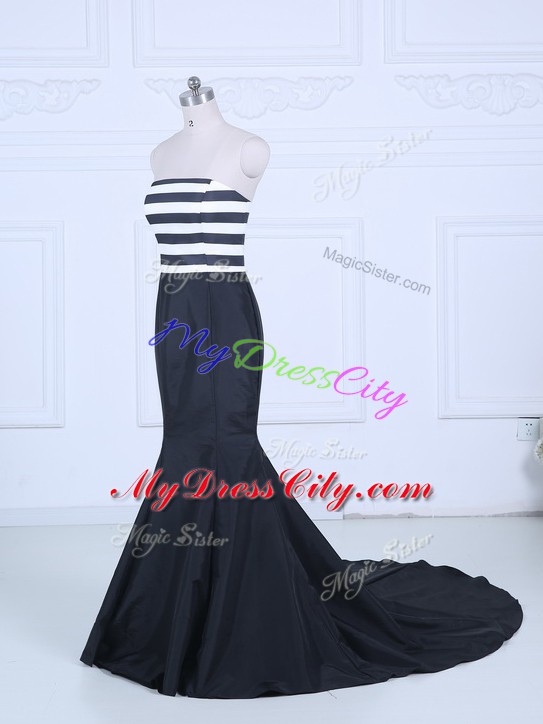 Glorious Mermaid Sleeveless White And Black Dress for Prom Brush Train Lace Up