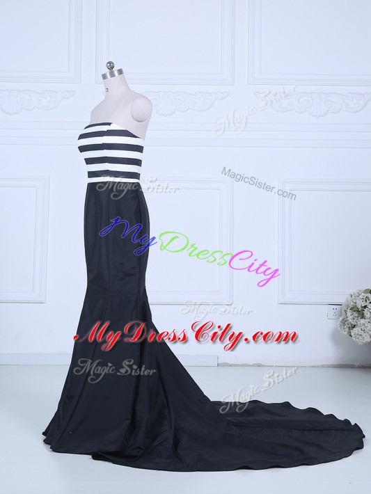 Glorious Mermaid Sleeveless White And Black Dress for Prom Brush Train Lace Up