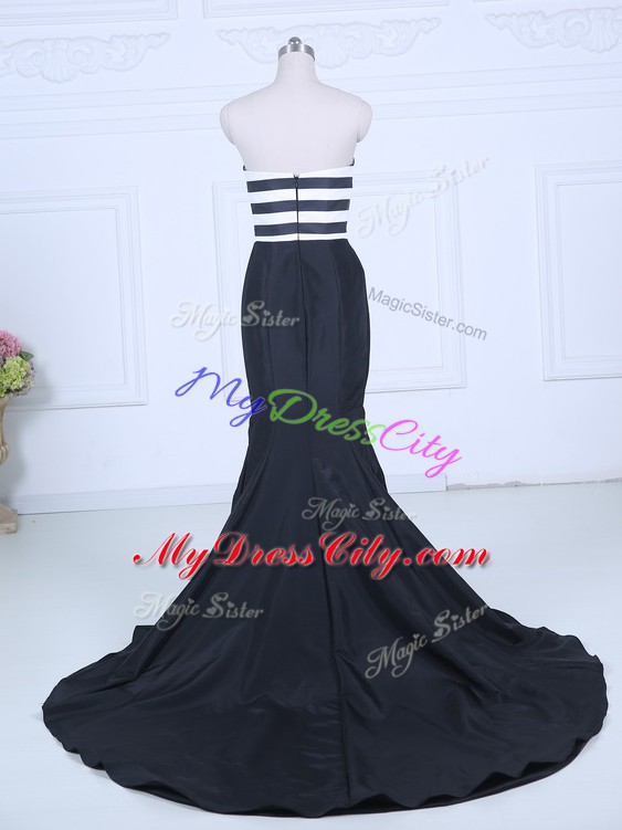 Glorious Mermaid Sleeveless White And Black Dress for Prom Brush Train Lace Up