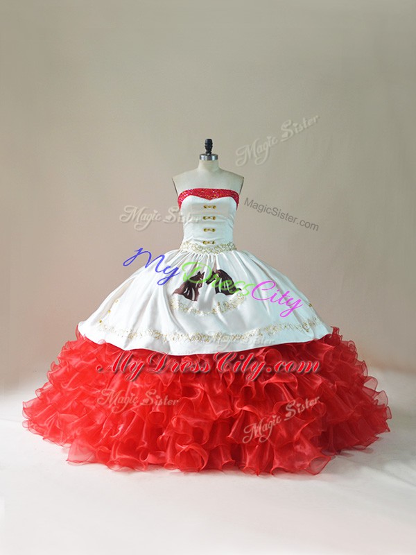 Classical White And Red Ball Gowns Embroidery and Ruffles 15th Birthday Dress Lace Up Organza Sleeveless