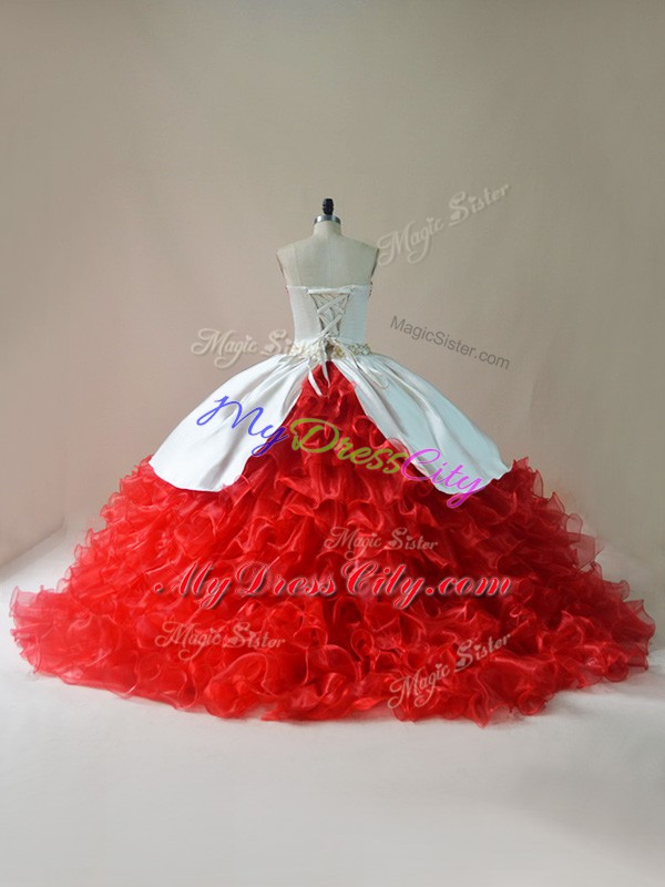 Classical White And Red Ball Gowns Embroidery and Ruffles 15th Birthday Dress Lace Up Organza Sleeveless