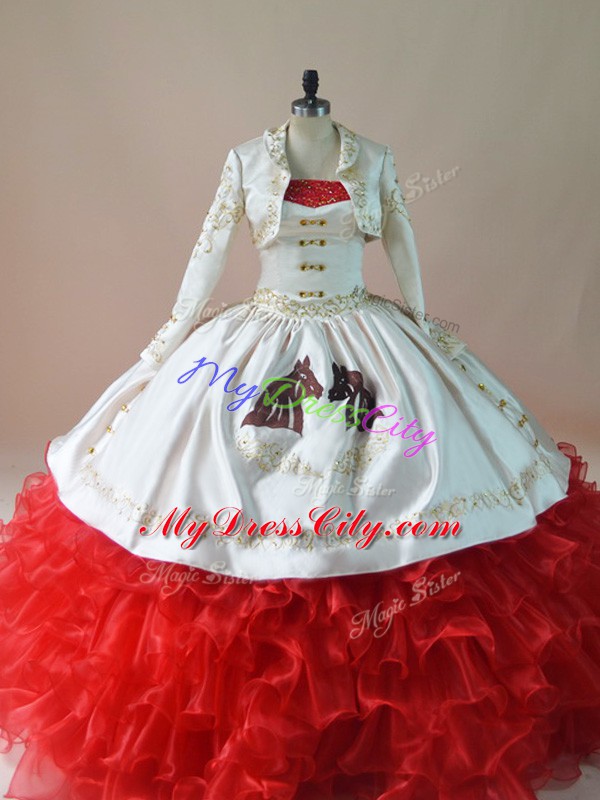 Classical White And Red Ball Gowns Embroidery and Ruffles 15th Birthday Dress Lace Up Organza Sleeveless