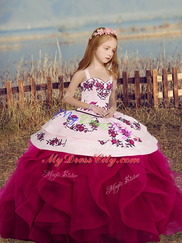 Floor Length Fuchsia Kids Pageant Dress Sleeveless Embroidery and Ruffles