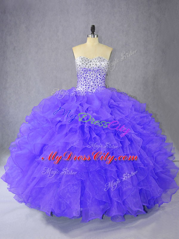 Purple Lace Up Sweetheart Ruffles Quinceanera Dresses Organza Sleeveless