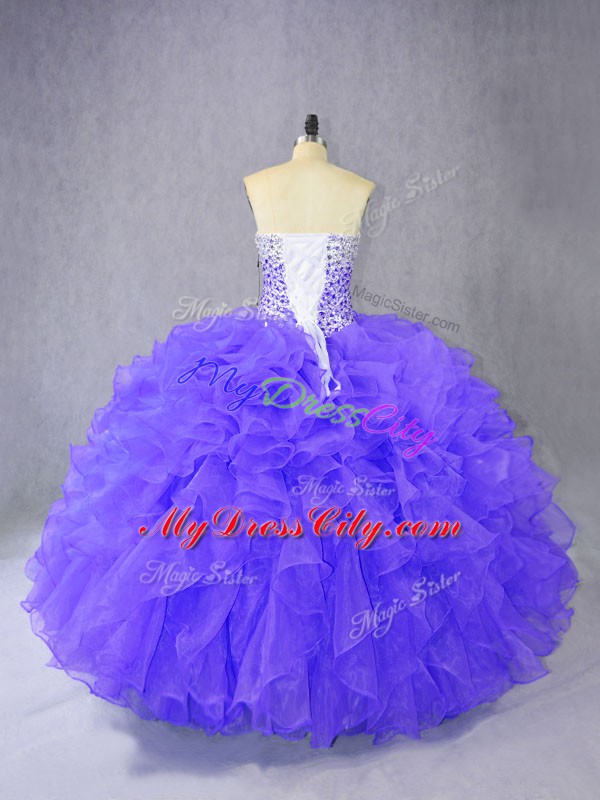 Purple Lace Up Sweetheart Ruffles Quinceanera Dresses Organza Sleeveless