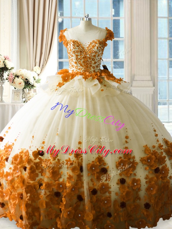 Glamorous Hand Made Flower Quinceanera Gowns Brown Zipper Brush Train