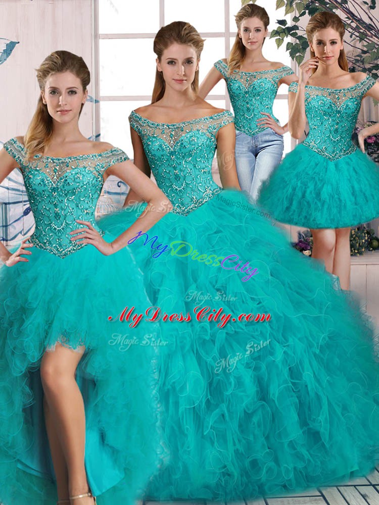 Super Beading and Ruffles Sweet 16 Quinceanera Dress Aqua Blue Lace Up Long Sleeves Brush Train