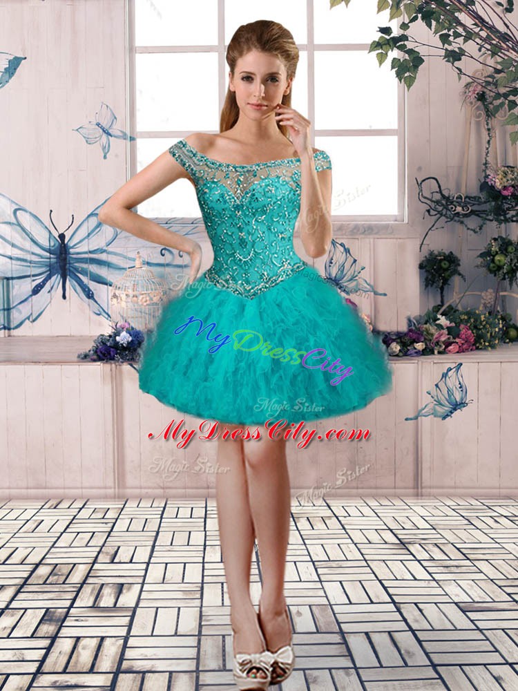 Super Beading and Ruffles Sweet 16 Quinceanera Dress Aqua Blue Lace Up Long Sleeves Brush Train