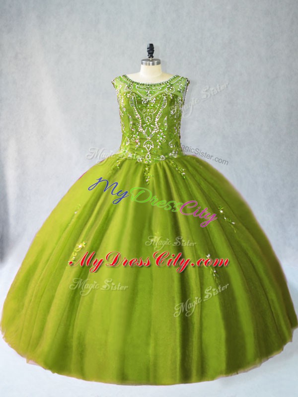 High Quality Floor Length Lace Up Quinceanera Gown Olive Green for Sweet 16 and Quinceanera with Beading