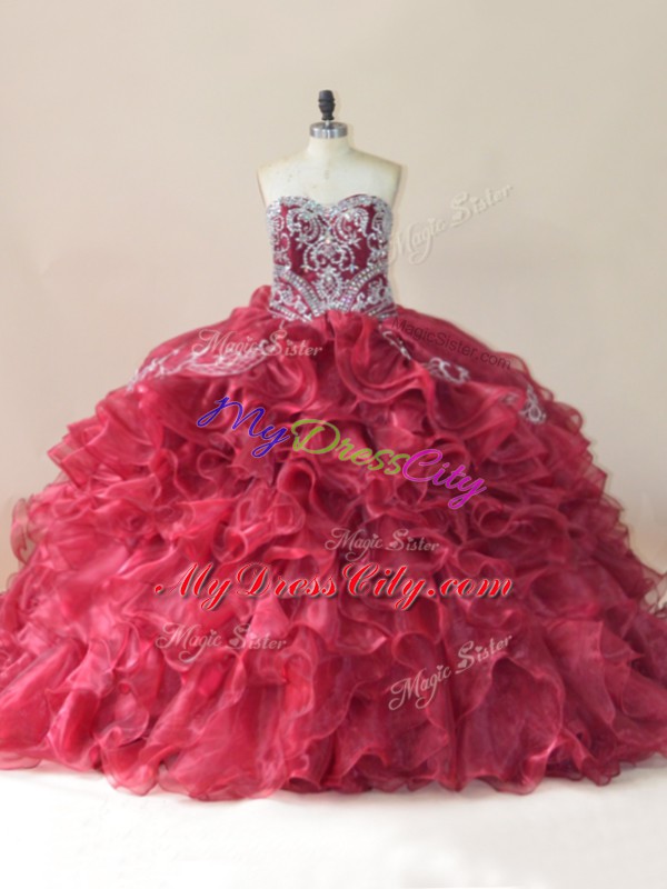 Customized Wine Red Sleeveless Brush Train Beading and Appliques and Ruffles 15th Birthday Dress