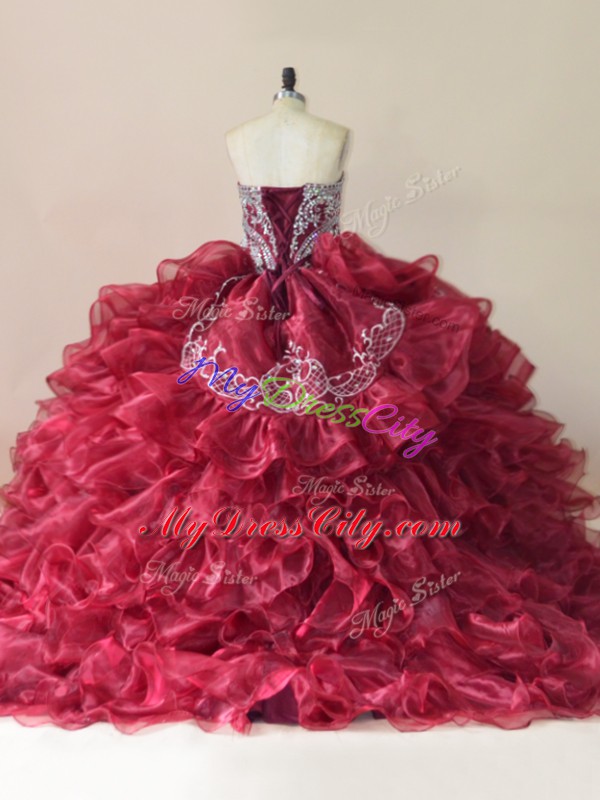 Customized Wine Red Sleeveless Brush Train Beading and Appliques and Ruffles 15th Birthday Dress