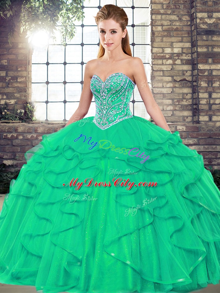 Low Price Tulle Sweetheart Sleeveless Lace Up Beading and Ruffles Sweet 16 Quinceanera Dress in Turquoise