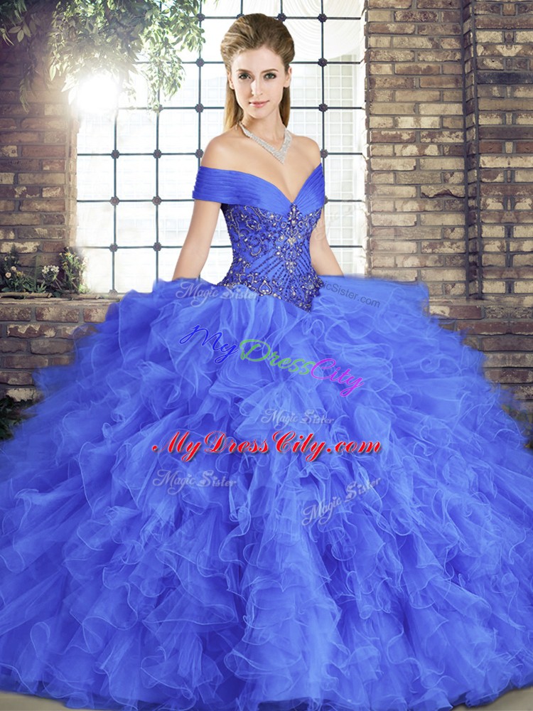 Luxurious Beading and Ruffles Quinceanera Dress Blue Lace Up Sleeveless Floor Length