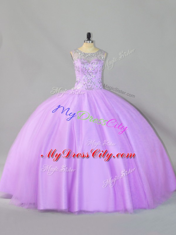 Lavender Sleeveless Floor Length Sequins Zipper Sweet 16 Dresses