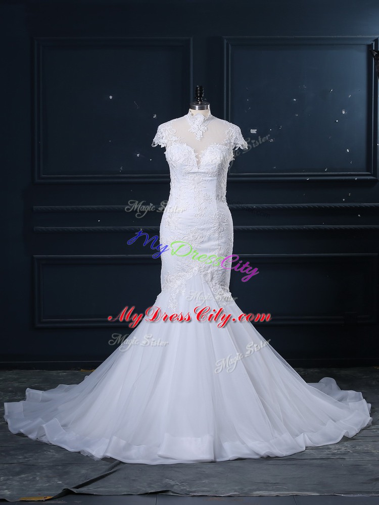 High Class Tulle High-neck Cap Sleeves Court Train Clasp Handle Lace Bridal Gown in White