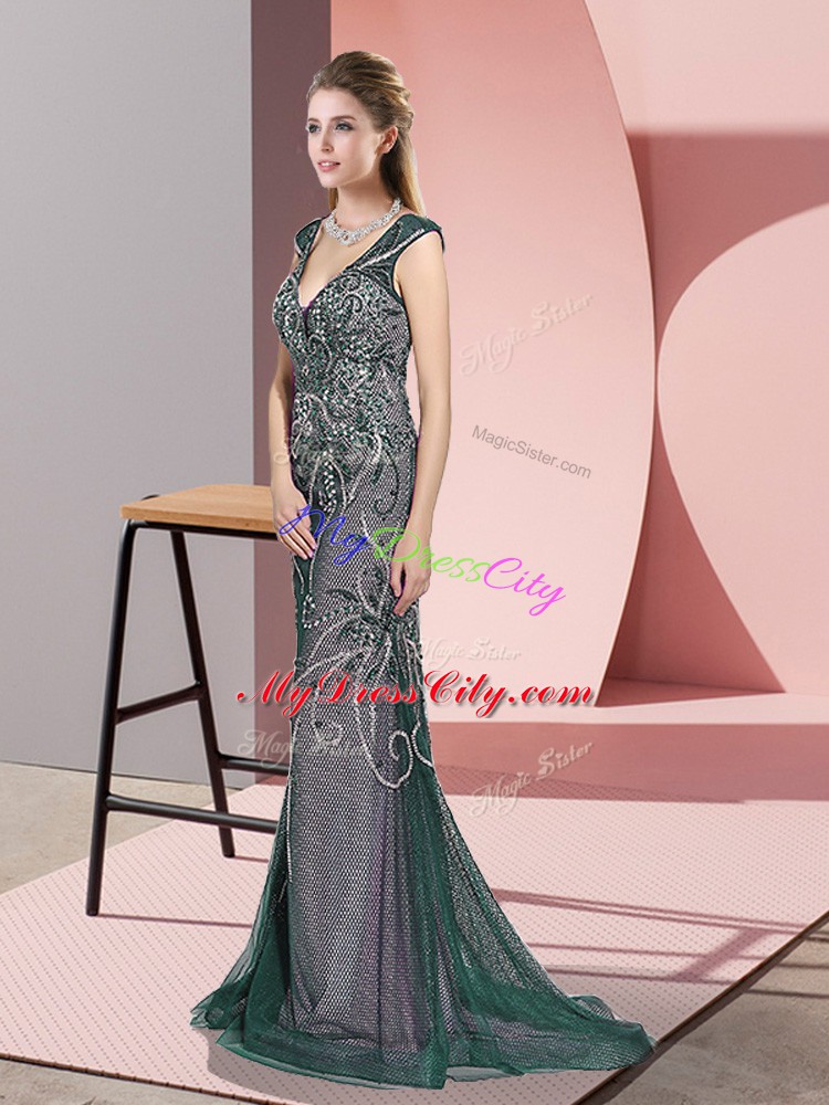 Peacock Green Mermaid Tulle V-neck Sleeveless Beading Zipper Homecoming Dress Sweep Train