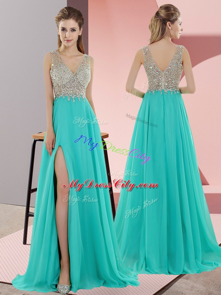 Turquoise Prom Evening Gown V-neck Sleeveless Sweep Train Zipper