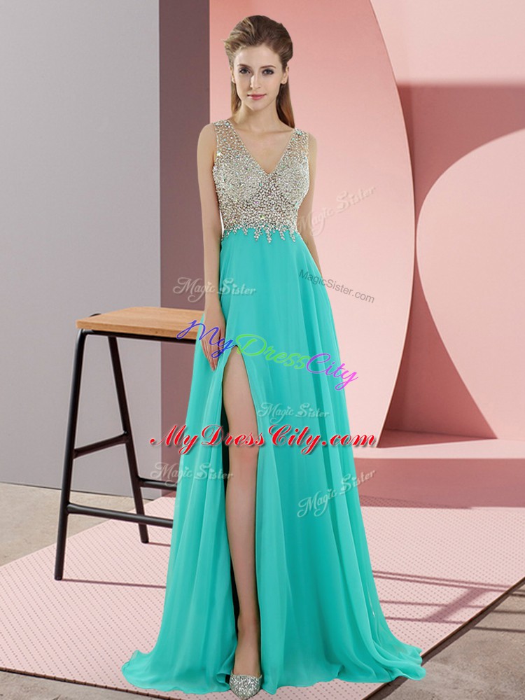 Turquoise Prom Evening Gown V-neck Sleeveless Sweep Train Zipper