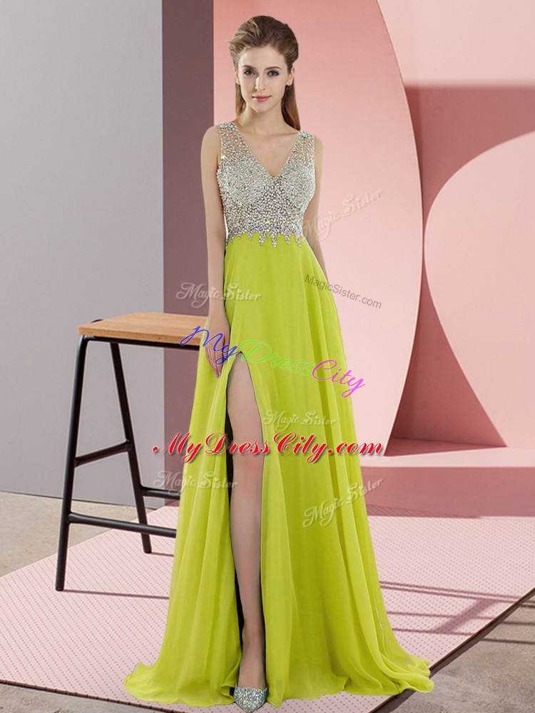 Deluxe Yellow Green Zipper Dress for Prom Beading Sleeveless Sweep Train