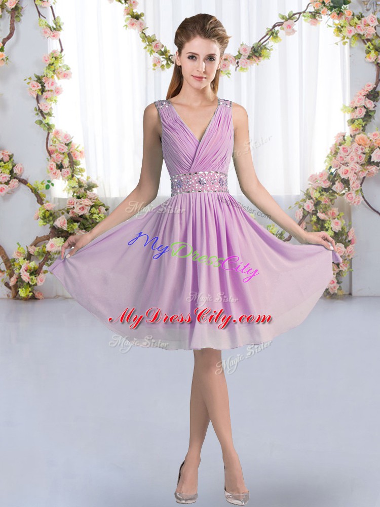 Modest Chiffon Sleeveless Knee Length Bridesmaid Dresses and Beading