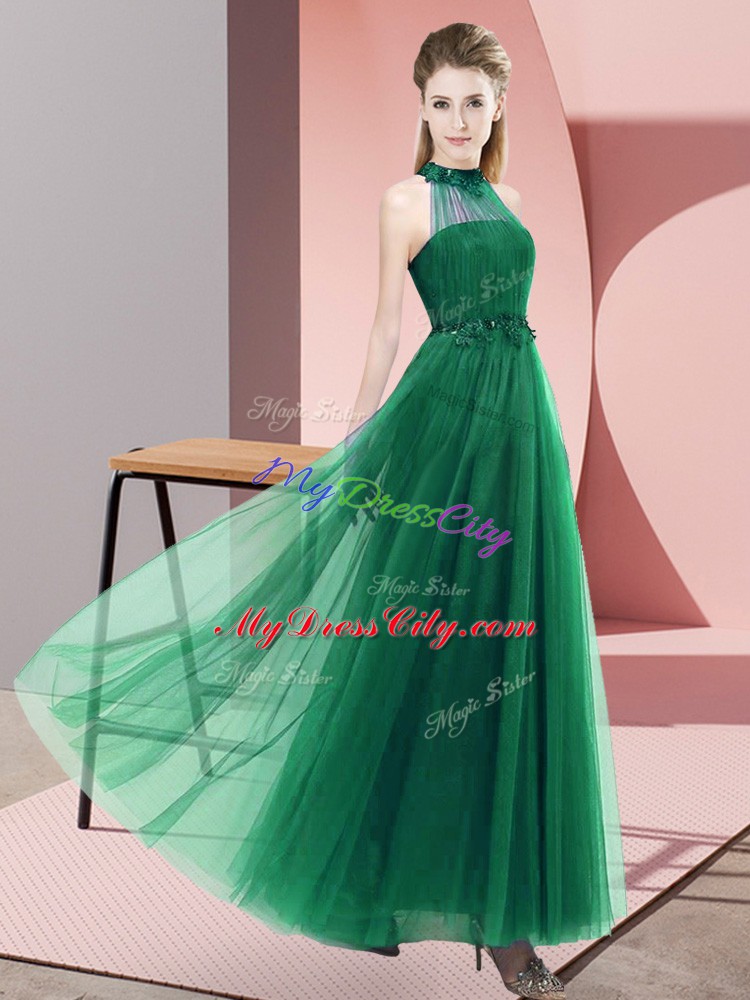 Beautiful Sleeveless Floor Length Beading and Appliques Lace Up Bridesmaid Dresses with Dark Green