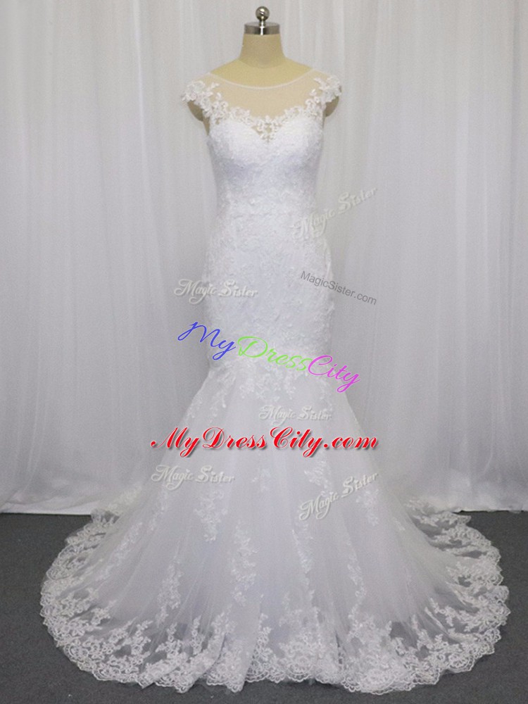 Extravagant White Sleeveless Brush Train Lace Wedding Dress