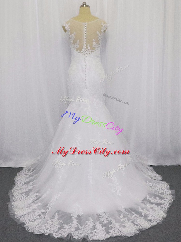 Extravagant White Sleeveless Brush Train Lace Wedding Dress