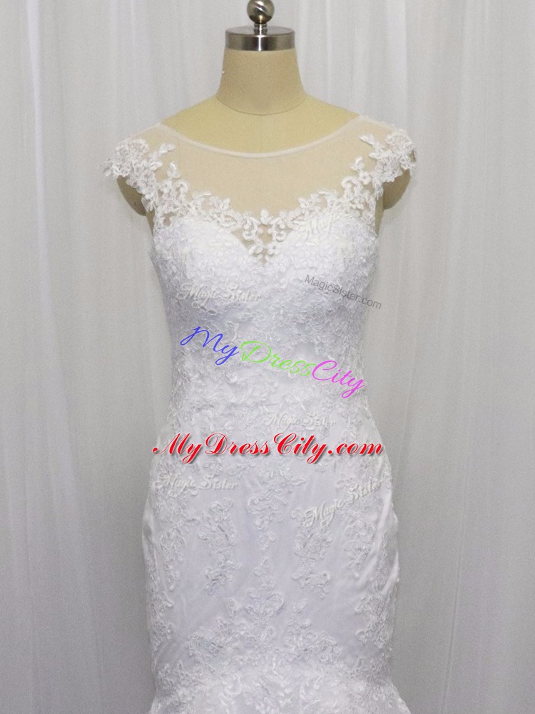 Extravagant White Sleeveless Brush Train Lace Wedding Dress