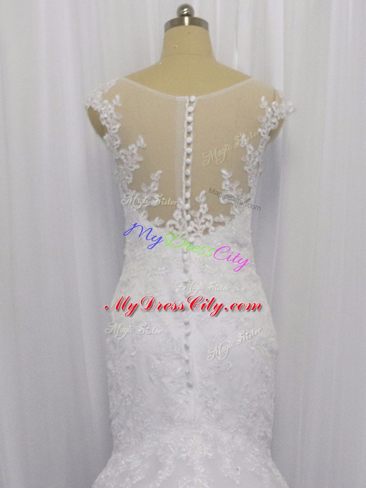 Extravagant White Sleeveless Brush Train Lace Wedding Dress